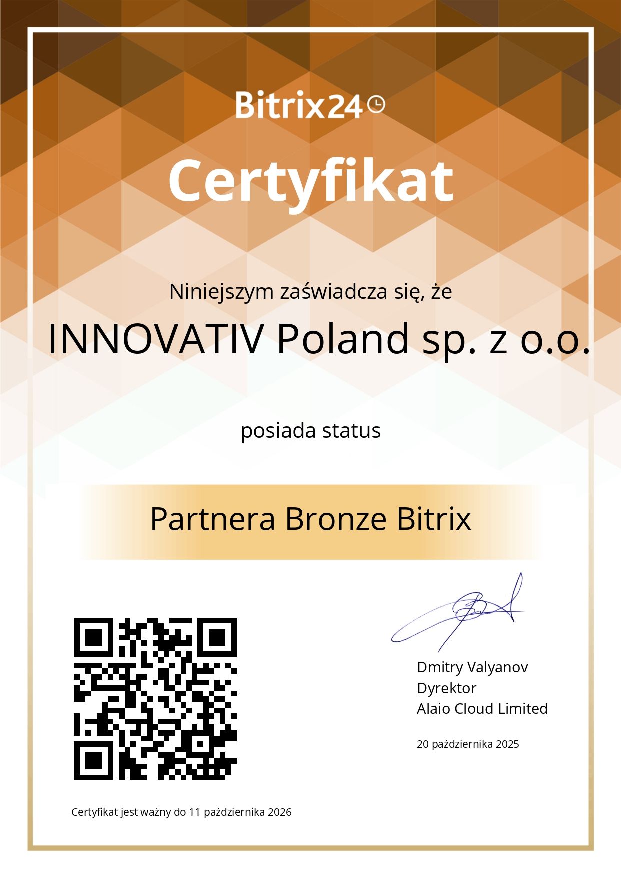 Certyfikat: INNOVATIV Poland — Partner Bitrix24