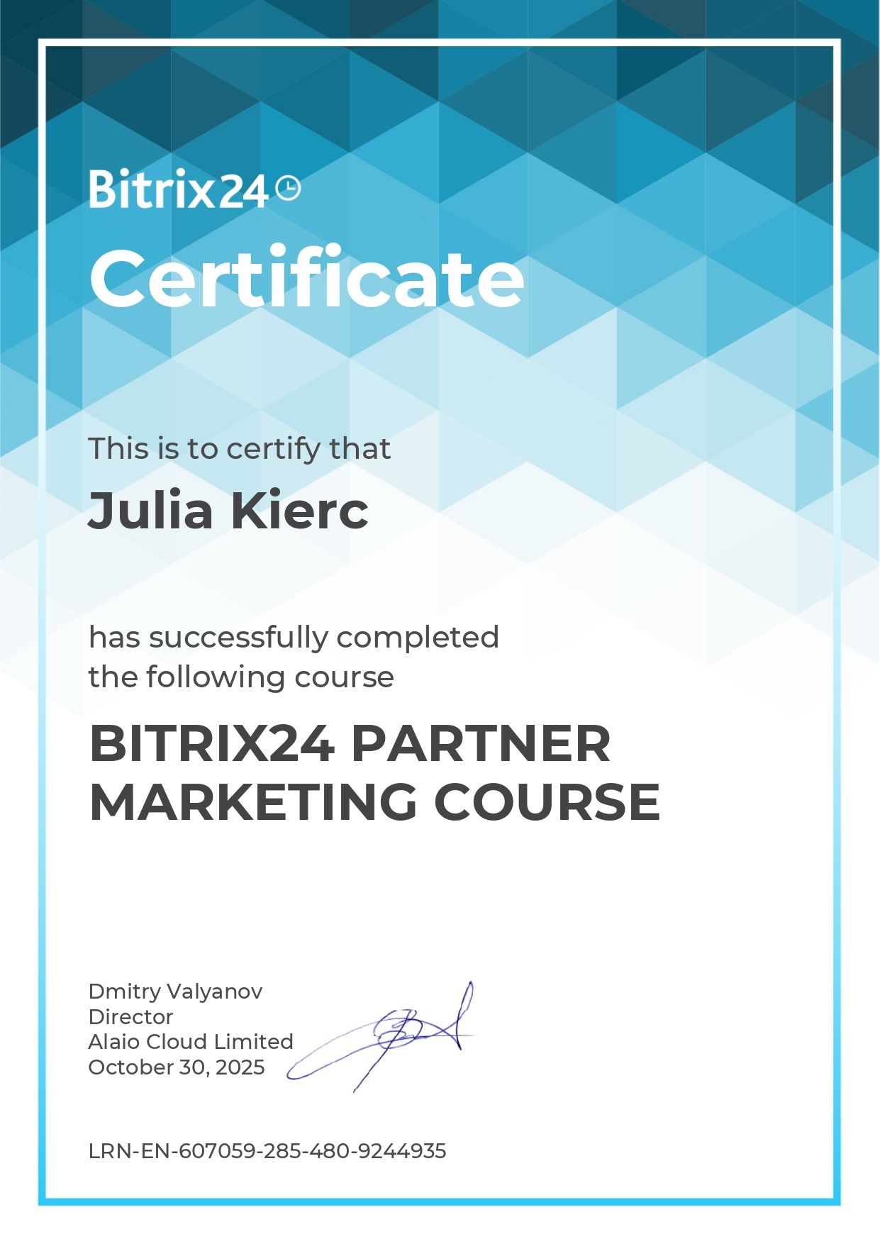 Certificate: Bitrix24 Partner Marketing Course