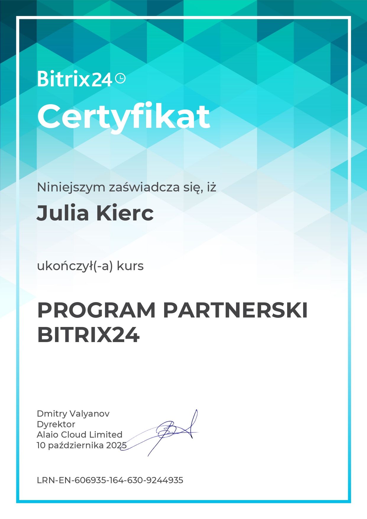 Certyfikat: Program Partnerski Bitrix24