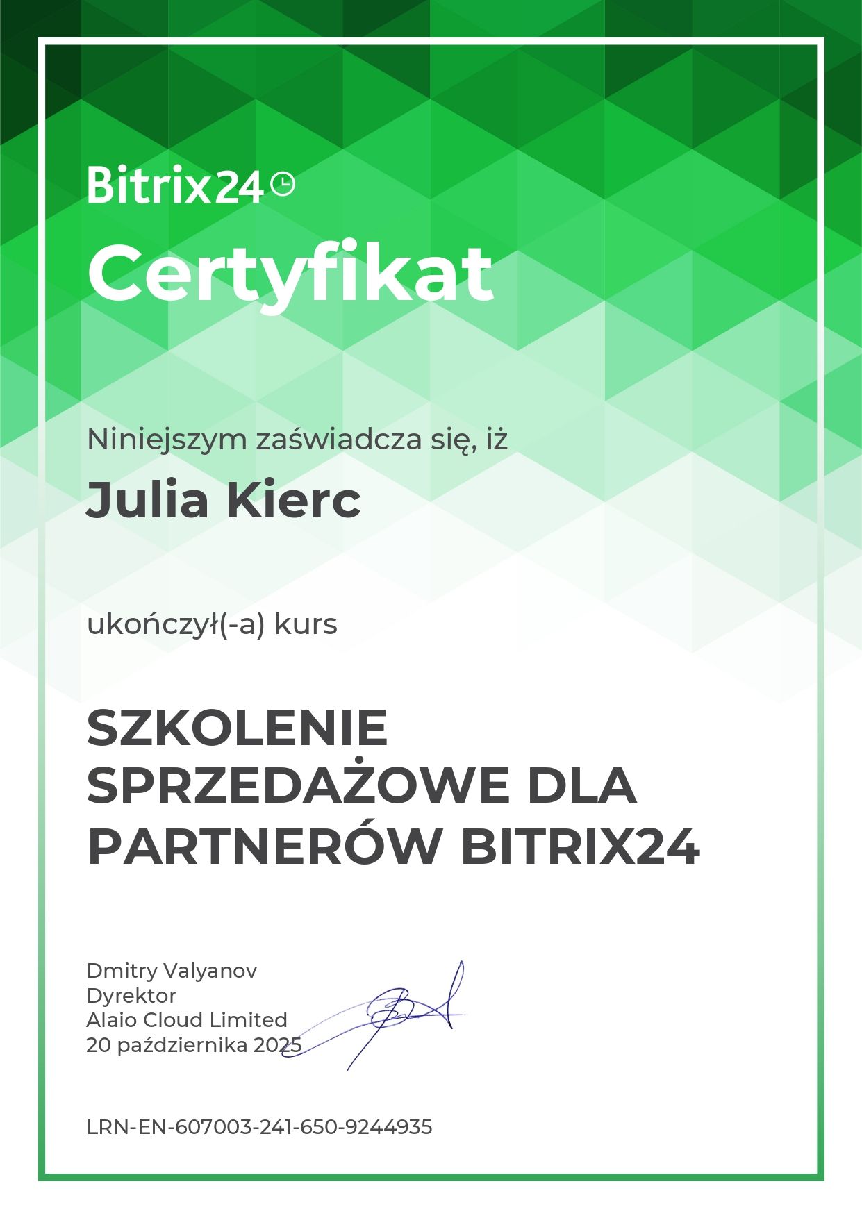 Certyfikat: Szkolenie sprzedażowe dla partnerów Bitrix24